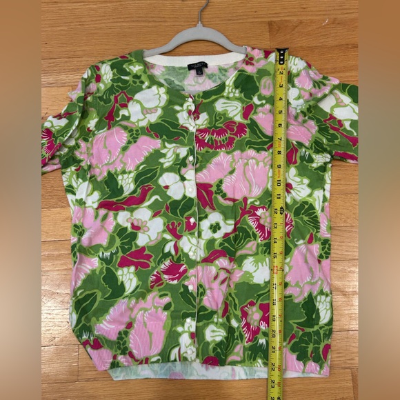 Talbots Women's Floral Cardigan Sweater Preppy - Green and Pink 3/4 Sleeve - Picture 5 of 6